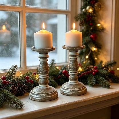 Hosley Set of 2 High Wood Candle Holder 8 Inch High for Pillar Wax Candles Flameless Candle. Distress Finish Candleholder. Ideal Gift for Wedding Party Home Spa Reiki Aromatherapy Candle Gardens O4 - size: 8 inch high x 2 Count