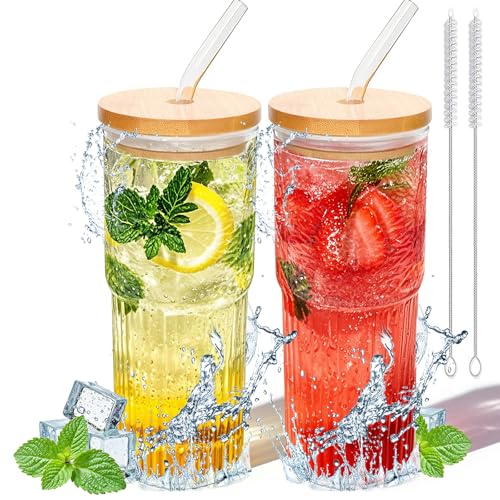 32oz Ribbed Glassware Large Cup, Glass Cups With Lids And Straws,Iced Coffee Cups With Lids,Glasses Drinking Set,Cute Cups,Boba Cup,With Straw Brush,Ideal Gift