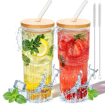 32oz Ribbed Glassware Large Cup, Glass Cups With Lids And Straws,Iced Coffee Cups With Lids,Glasses Drinking Set,Cute Cups,Boba Cup,With Straw Brush,Ideal Gift