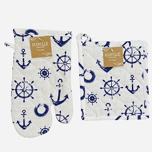 Summer Kitchen Pot Holder Oven Mitt Dish Towel Set: Fun Navy White Nautical Anchor Captains Wheel Design, 5 pc Set (Nautical) - color: Anchor Set