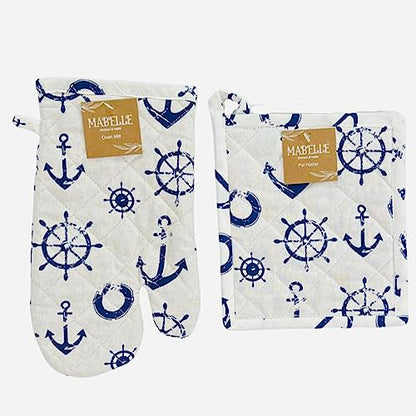 Summer Kitchen Pot Holder Oven Mitt Dish Towel Set: Fun Navy White Nautical Anchor Captains Wheel Design, 5 pc Set (Nautical) - color: Anchor Set