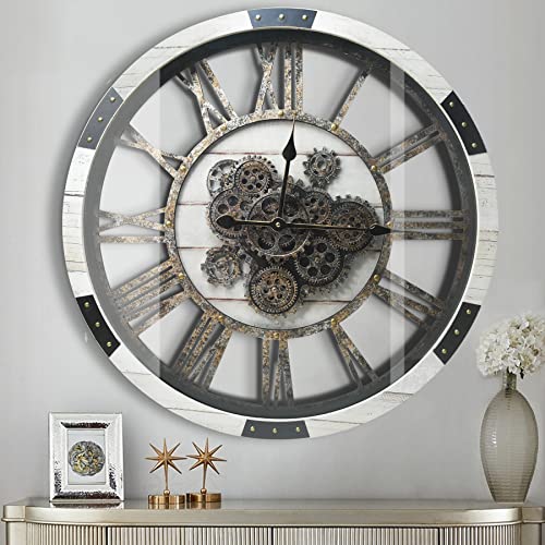 27" Large Real Moving Gears Wall Clock with Toughened Glass Cover Solid Wood Retro Metal Skeleton Oversized Vintage Steampunk Rustic Clock for Living Room Decor Home Farmhouse Kitchen(Desert Beige) - color: Desert Beige, size: 68cm / 27 inch