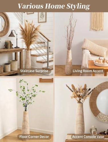 Hanobe Tall Wood Floor Vase for Pampas Grass, 22 in, Boho Beige | Paulownia wood grain with whitewashed finish, for rustic, farmhouse living room decor, break-resistant, pet-friendly.