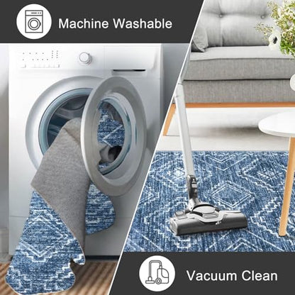 KILOCOCO Washable Runner Rug 2x7 ft Hallway Runners, Stonewashed Blue | Low-Pile Entryway Runners, Rubber Backed Runner Rug, Printed Kitchen Runner Rug, Soft Geometric Rugs for Hall Living Room - color: Stonewashed Blue, size: 2' x 7' (Runner)
