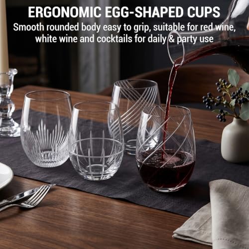 MyGift Set of 4 Modern Stemless Wine Glasses with Etched Geometric Pattern – Decorative Glass Drinkware for Wine, Cocktails, and Entertaining