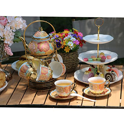20 Pieces Porcelain Tea Set With Metal Holder, European Ceramic tea set for adults,Flower Tea Set,Tea Set For Women With Flower Painting (Large version, Deep yellow) - color: Deep yellow