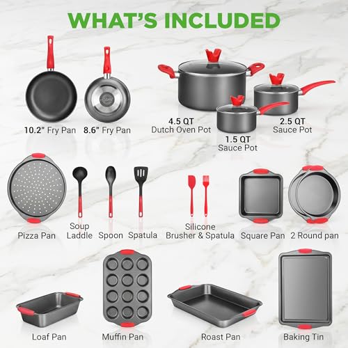 NutriChef 21-Piece Nonstick Cookware Set - PTFE/PFOA/PFOS Free Heat Resistant Lacquer Kitchen Ware Pots Pan w/ Cool-Touch Handles, Saucepan, Fry Pans, Lid, Bakeware, For Gas Electric Ceramic Cooktops - size: 21-Piece Set