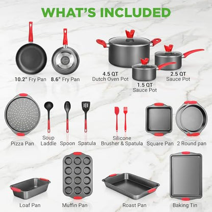 NutriChef 21-Piece Nonstick Cookware Set - PTFE/PFOA/PFOS Free Heat Resistant Lacquer Kitchen Ware Pots Pan w/ Cool-Touch Handles, Saucepan, Fry Pans, Lid, Bakeware, For Gas Electric Ceramic Cooktops - size: 21-Piece Set