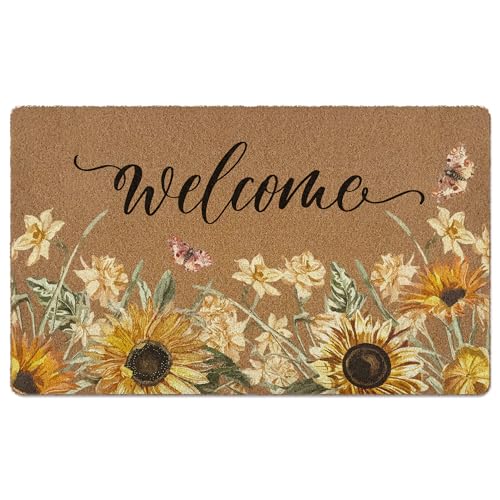 Sunflower Welcome Door Mat, Summer Sunflowers Floral Front Faux Coir Doormat for Indoor Outdoor Entrance Kitchen, Farmhouse Flower Butterfly Decorative Door Mats Small Rug 17X29 Inch - color: Sunflower