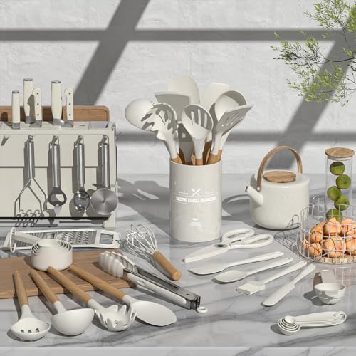 Umite Chef Silicone Kitchen Utensil Set, 34PCS Heat Resistant Kitchen Gadgets and Tools With Grater, Cream White Wood Handles for Nonstick Cookware - color: Cream White