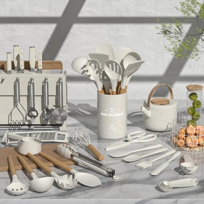 Umite Chef Silicone Kitchen Utensil Set, 34PCS Heat Resistant Kitchen Gadgets and Tools With Grater, Cream White Wood Handles for Nonstick Cookware - color: Cream White