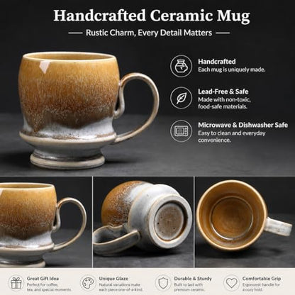 17oz Big Unique Handmade Pottery Coffee Mug with Comfortable Big handle, Reactive Glaze Ceramic Coffee Mug, Artisanal Stoneware Tea Mug,Lead-free Clay, Microwave and Dishwasher safe (White and Brown) - color: White/Brown