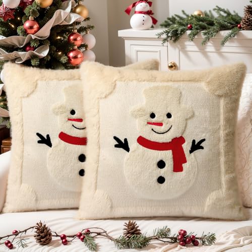 Faux Fur Christmas Pillow Covers 18x18 Set of 2 | Cute Snowman Beige Soft Plush Farmhouse Decorative Cushion Case for Couch Christmas Home Decor - color: Cute Snowman, size: 18" x 18" (Pack of 2)