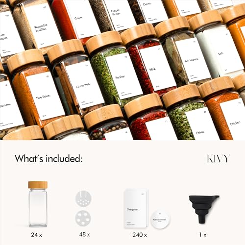 KIVY Spice Jars with Labels [24x 4oz] Glass Seasoning Containers with Airtight Lids for Organization - Empty Square Bottles for Spices & Seasonings with Shaker Lids - Spice Containers Bamboo - size: Bamboo White