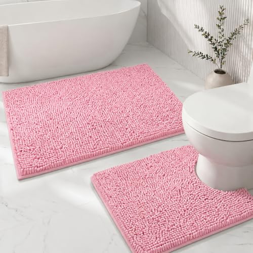 Bathroom Rugs Sets 2 Piece,Super Absorbent Soft,Thick,Machine Washable Chenille Bath Mat,Non Slip Toilet Floor Rug,Bath Mats for Bathroom,20x32 Plus 20x20 U Shape,Pink - color: Pink, size: 1'8" x 2'8" (20x32''+20x20''U shape)