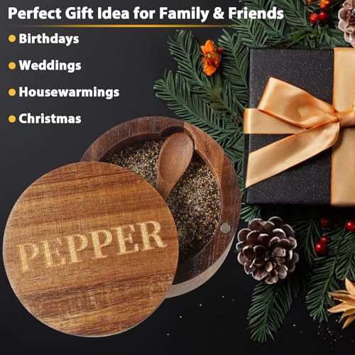 PEPPER Cellar, Acacia Wood Salt Container with Built-in Spoon & Swivel Lid, Engraved PEPPER Box, Salt Holder Bowl for Countertop Seasoning Storage - color: Acacia Wood PEPPER Cellar