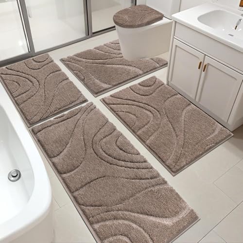 HEBE Bathroom Rugs Sets 5 Piece, Non Slip Washable Absorbent Bath Mat Set | Super Soft Plush Microfiber Bathroom Mats with Runner Set, Solid Bathmat with U-Shaped Toilet Rug Cover Set for Tub, Shower - color: Brown, size: 18"x26"+20"x32"+20"x48"+U20"x24"+
