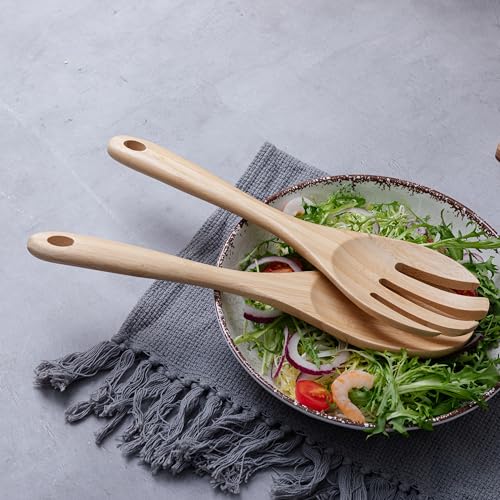13 Inch Large Premium Bamboo Salad Tongs - Eco Friendly Wooden Serving cooking Spoons,Big Salad hands, 2 pcs kitchen Utensils set - Salad Tosser Forks - Giant Wood Salad Servers - color: Natural Bamboo