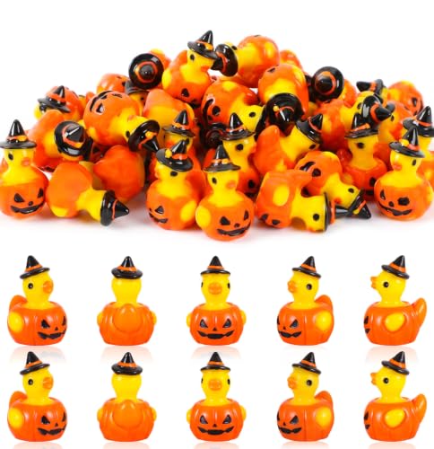 JUNEBRUSHS 50Pcs Mini Resin Ducks Halloween Tiny Pumpkin Ducks Figures | Yellow Ducks,Small Resin Animals,for Dollhouse Miniature Landscape Decor,DIY Crafts,Spooky Party Favor - style: Halloween Pumpkin Duck Style