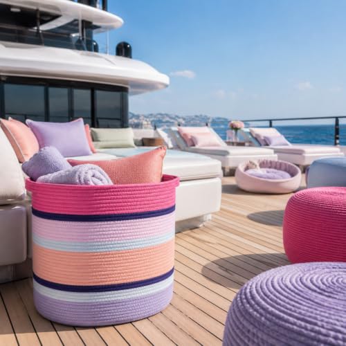Pink Large Blanket Basket with Handles, 56 L Woven Rope Toy Basket, Foldable Storage Bin for Blankets, Toys & Laundry, stuffy storage for Bedroom & Playroom&Living room (15.7"D * 17.7"H) - size: 15.7"D * 17.7"H