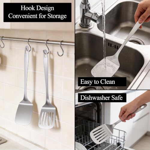 2PCS Stainless Steel Spatula Set, Solid & Slotted Turner | Heat Resistant, Heavy Duty Kitchen Utensils, Dishwasher Safe, For Flipping Fish Eggs Pancakes, Everyday Kitchen Cooking