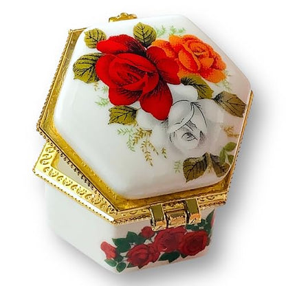 Tiny Hexagon Porcelain Trinket Box | Rose Bouquet | French Style Gift Box with Velvet Bag - style: Rose Bouquet Hexagon