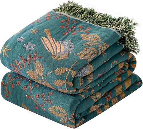 Boho Throw Blanket for Bed Couch,100% Cotton Reversible Summer Quilt, Birds and Floral Breathable Muslin Blankets,90"×108" Extra Large Lightweight sofa Throws for 3 4 Seater with Tassels,Teal - color: Animal Spring Bird, size: 90"x108"