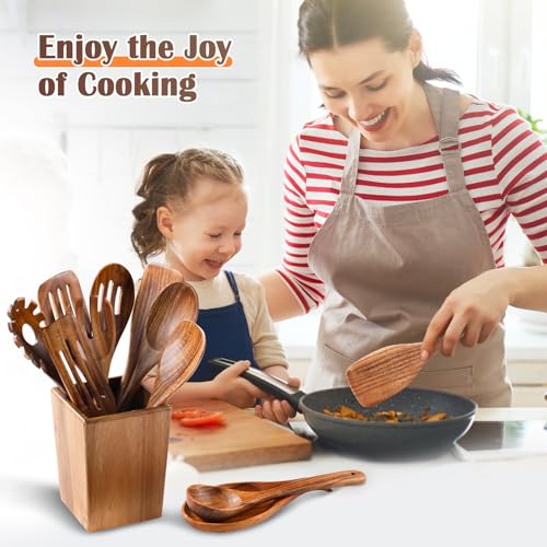 Wooden Spoons for Cooking, 11 Pcs Wood Cooking Utensils Set with Holder, Natural Acacia Wooden Kitchen Tools, Nonstick Cookware, Easy Clean, Kitchen Utensil Set for Mom, Wife Cooking Gifts - style: 11Pcs Set
