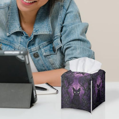 Black Cat Tissue Case Cover Square,Halloween PU Leather Tissue Case Ghost Flower Tissues Cube Box Holder with Bottom Belt Dispenser for Bathroom,Vanity Countertop,Night Stands,Desk,Car - color: Black Cat Ghost Flower Halloween