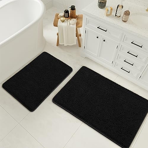 LOCHAS Bathroom Rugs Sets 2 Piece, Chenille Non Slip Bath Mat Set, Black | Thick Absorbent Machine Washable Quick Dry Carpet for Bathroom Floor - color: Black, size: 1'5" x 2' (Rectangular)