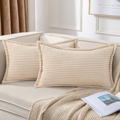Mecatny Corduroy Fall Decorative Throw Pillow Covers 12x20 Set of 2 Beige | Soft Striped Texture, Broadside Design, Neutral Boho Lumbar Pillow Cases for Sofa Couch Living Room Bedroom, Home Décor - color: Beige, size: 20" x 12" (Pack of 2)