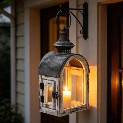 12" High Wooden Dome Lantern Made of Solid Fir Wood and Real Glass in Whitewash Finish with Grey Metal Top, Hurricane Lantern, Farmhouse Lantern (Whitewash, 6"x4.4") - color: Whitewash, size: 6"x4.4"