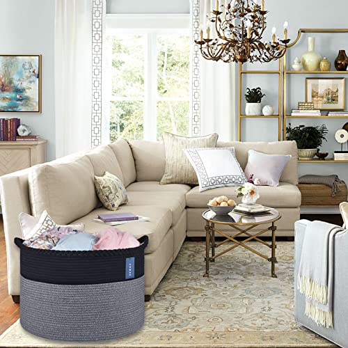 COMSE XXXLarge Woven Blanket & Laundry Basket, 87L, Black & Gray | 21.7" x 13.8", Cotton Rope, Nursery Hamper for Storage of Toys Clothes Towels, Ideal for Living Room Bedroom Bathroom - color: Black & Gray
