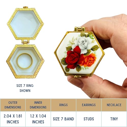 Tiny Hexagon Porcelain Trinket Box | Rose Bouquet | French Style Gift Box with Velvet Bag - style: Rose Bouquet Hexagon