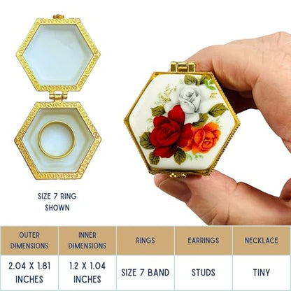 Tiny Hexagon Porcelain Trinket Box | Rose Bouquet | French Style Gift Box with Velvet Bag - style: Rose Bouquet Hexagon