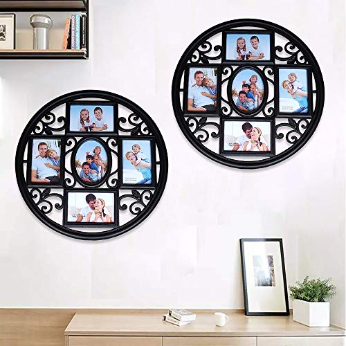 MKUN 2Pack of 4x6 Wall Photo Collage Frames - Round Circular Circle Wall Hanging Picture Collage Frame with Leaf Decoration, 5- Opening (Black) - color: Black