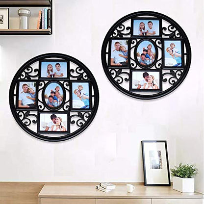 MKUN 2Pack of 4x6 Wall Photo Collage Frames - Round Circular Circle Wall Hanging Picture Collage Frame with Leaf Decoration, 5- Opening (Black) - color: Black