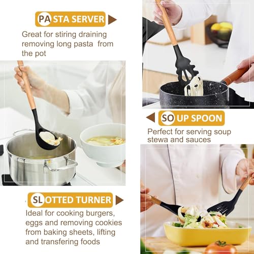 Kitchen Utensils. Set of 3, Silicone Cooking Utensils Set, Turner/Spatula, Spoons with Wooden Handle, Heat Resistant, Nonstick Cookware, Dishwasher Safe, Black