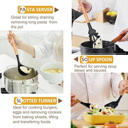 Kitchen Utensils. Set of 3, Silicone Cooking Utensils Set, Turner/Spatula, Spoons with Wooden Handle, Heat Resistant, Nonstick Cookware, Dishwasher Safe, Black