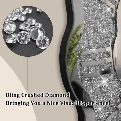 Crushed Diamond Mirrored Wall Clock Silver Modern Crystal Clocks for Bedroom Unique Home Decorative Glass Mirror Hanging Clock for Living Room Office Dining Decor - style: Wave
