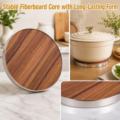 7 Inch Round Trivet Acacia Wood and Stainless Steel Frame | Heat-Resistant, Multi-Purpose Hot Pad, For Pots Pans and Dishes, Elegant Table Protector, Durable and Stylish