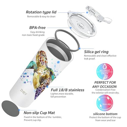THILY Stainless Steel Vacuum Insulated Tumbler Travel Mug 26 oz Coffee Cup with 2 Lids and Straws, Splash Proof, Keep Ice Drinks Cold, Sea Turtle - color: Sea Turtle, size: 26 Ounce (Pack of 1)