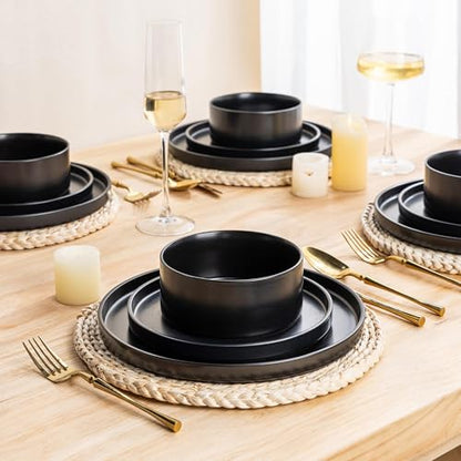 GBHOME Ceramic Dinnerware Sets of 4,Stoneware Plates and Bowls Sets,Chip and Crack Resistant | Dishwasher & Microwave Safe Dishes Set,Scratch Resistant- Service for 4 (12pc)-Matte Black | Lightweight Ceramic Dish Set,Oven & Microwave,Dishwasher Safe,Scrat