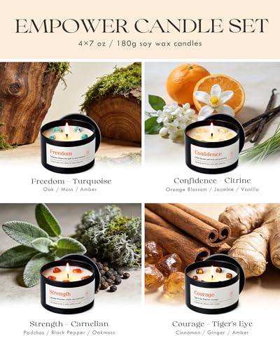 AOOVOO Crystal Empower Candles Set for Women - Soy Candle for Home Scented | 4 Pack 26 oz, 200 Hour Long Lasting Candle, Freedom Turquoise/Confidence Citrine/Strength Carnelian/Courage Tiger's Eye - color: Empower Candles Set