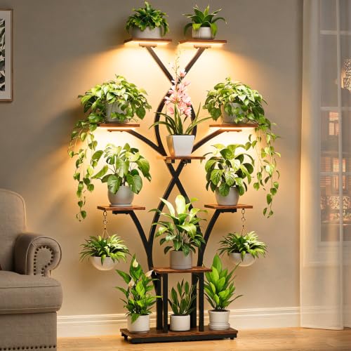 Plant Stand Indoor with Grow Lights - 9 Tiered Corner Plant Shelves Indoor | 63" Tall Lighted Plant Shelves for Indoor Multiple Plants, Flower Holder, Metal Display Rack for House, Patio, Black