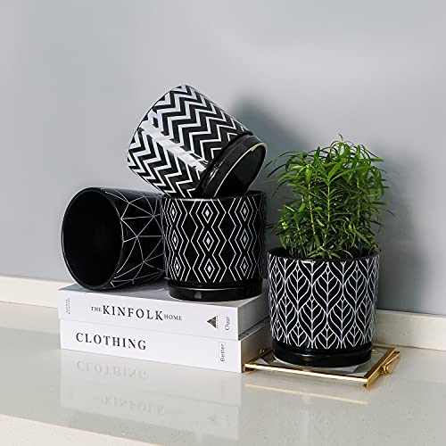 Flower Pots,5.5 Inch Black Ceramic Planters with Drainage Hole Set of 4 | Geometry Pots for Plants | Indoor Cylinder Plant Pots with Saucer | Cactus Succulent Pots | Outdoor Garden Pots | Garden Pots - color: Black