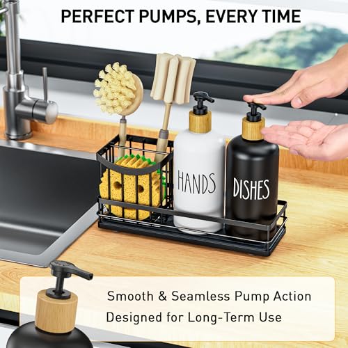 Moforoco Kitchen Dish Soap Dispenser Set, 16OZ Glass Bottle, Hand and Dish Soap Dispenser Set, Instant Dry Tray, Brush Holder with Smiley Face Sponge Holder (Universal Black Tray+Black&White Bottle) - color: Universal Black Tray+black&white Bottle