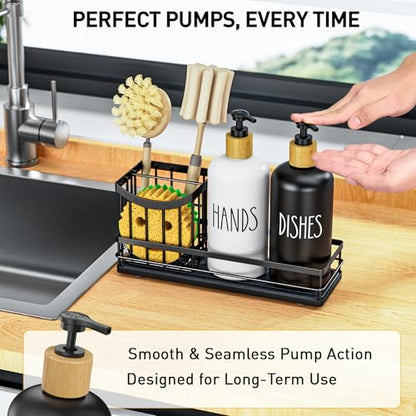Moforoco Kitchen Dish Soap Dispenser Set, 16OZ Glass Bottle, Hand and Dish Soap Dispenser Set, Instant Dry Tray, Brush Holder with Smiley Face Sponge Holder (Universal Black Tray+Black&White Bottle) - color: Universal Black Tray+black&white Bottle