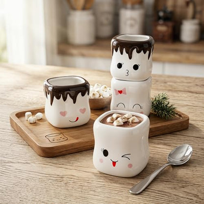 Hedume 4 Pack Ceramic Hot Chocolate Mugs, Cute Coffee Mug Set, Couple Matching Mugs, Anniversary Christmas Wedding Valentine's Day Gift