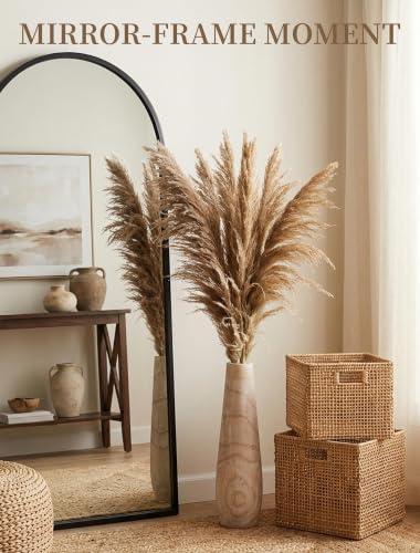 Hanobe Tall Wood Floor Vase for Pampas Grass, 22 in, Boho Beige | Paulownia wood grain with whitewashed finish, for rustic, farmhouse living room decor, break-resistant, pet-friendly.